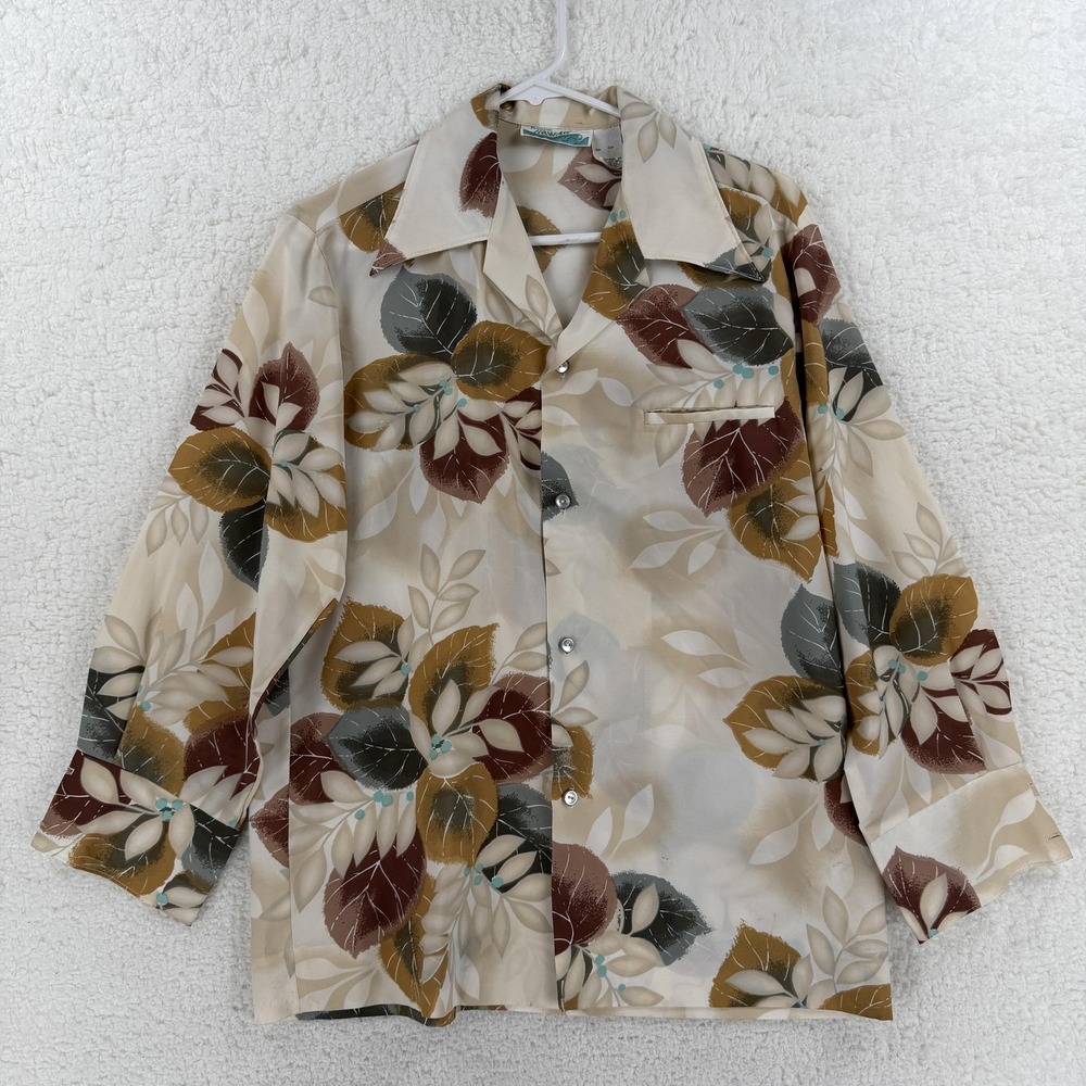 Vintage Penneys‎ Hawaiian Shirt Mens Medium Beige Floral Long Sleeve Button Up